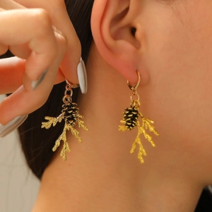 Vintage gold pine cone and branch earrings for women with a natural autumn forest design