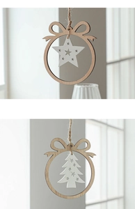 Close-up of wooden Christmas tree and star pendants with natural wood texture and hemp rope