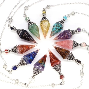 Set of ten crystal hexagonal pendulum pendants with copper wire wrap on silver chains