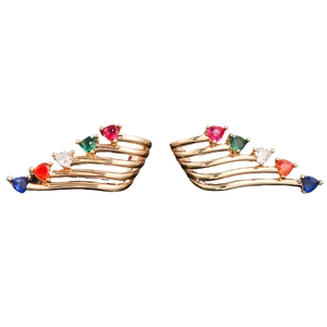 Symmetric view of wavy gold earrings with five colorful heart-shaped gemstones