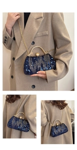 Detail of dark blue sequin evening bag with gold metal handle and chain strap on model