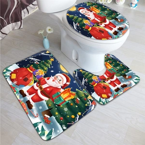 Three-piece Christmas bathroom mat set with Santa and reindeer motifs on navy background