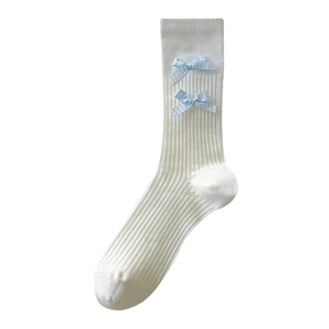 White ribbed crew socks with blue gingham bows, minimalist aesthetic ballet style