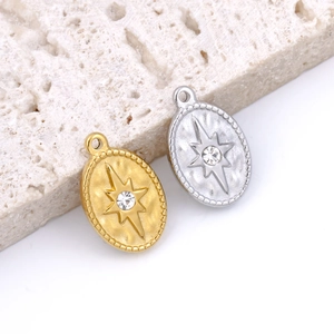 Detail of oval titanium steel star pendants with inlaid crystals in gold and silver