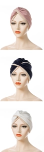 Detailed views of dual-color turban hats for women featuring elegant twisted pleated design