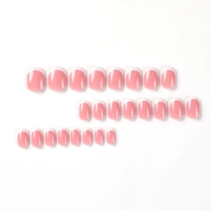 Short round press-on nails with classic white French tips and pink base set of 24 pieces