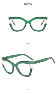Detailed front and side views of green cat-eye frames with pearl and metal accents