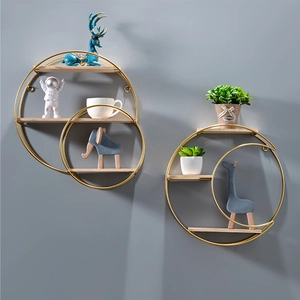 Nordic wall shelf set with gold metal frames and round wood floating shelves for storage