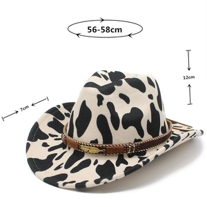 Detail view of cow print cowboy hat showing 56-58cm head size and 7cm wide brim