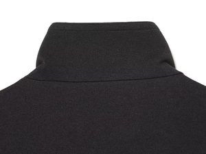 Detailed view of the black standing collar fabric texture on this stylish short coat
