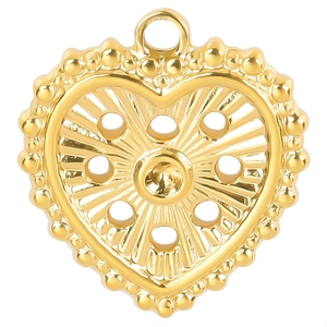 Detailed view of hollow gold heart pendant with beaded edges and sunburst pattern texture