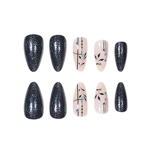 Peacock green press-on nails with holographic glitter and floral rhinestone accents