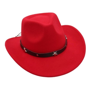 Detail of red western cowboy hat with black leather band and silver star rivets