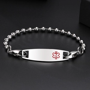 Bracciale medico in acciaio inossidabile argento con simbolo di emergenza rosso