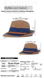 Size specifications for contrast straw jazz hat with head circumference measurements