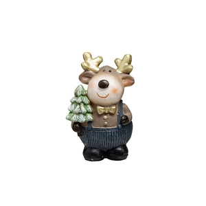 Christmas resin reindeer figurine with golden antlers and mini tree on white background