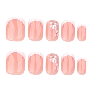 French short square press-on nails with 3D white daisy floral design in soft pink