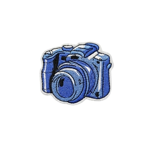 Blue SLR camera embroidered patch with white edges for luggage and clothing decor