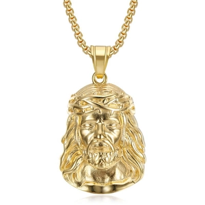 Hip hop gold plated Jesus head pendant necklace with iced out crown and box chain