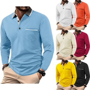 Detalle de cuello en contraste y bolsillo en polos de manga larga transpirables para hombre