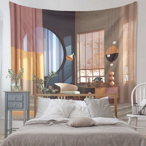 Close-up detail of bohemian style wall tapestry with abstract geometric indoor scenery
