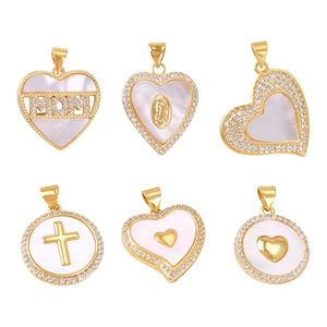 Gold plated heart and round shell pendants with CZ micro-pave for DIY jewelry making