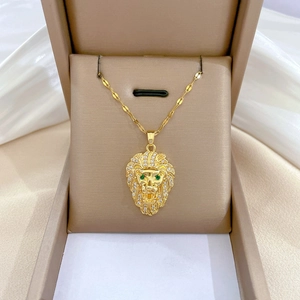 Lion Head Pendant Necklace Stainless Steel Chain Brass Inlaid Rhinestones Luxury Jewelry For Women Girls Gift