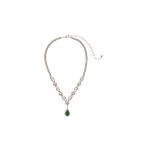 Elegant silver tennis necklace with sparkling zircons and a green teardrop pendant