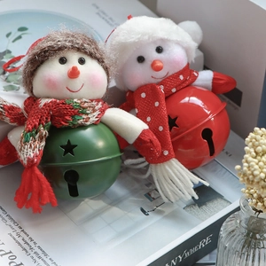 Plush snowman Christmas tree ornaments with colorful metal bells and knitted scarves