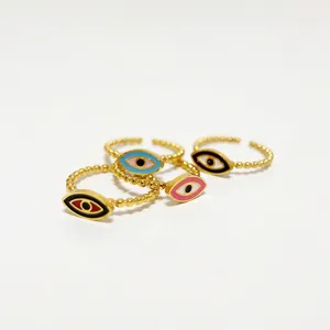 Evil Eye Adjustable Ring Titanium Steel 18K Gold Plated Beaded Band Colorful Enamel Fashion Jewelry For Women Men