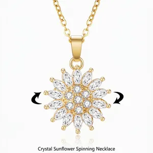 Rotating sunflower necklace in gold finish with sparkling crystals and O-chain for women