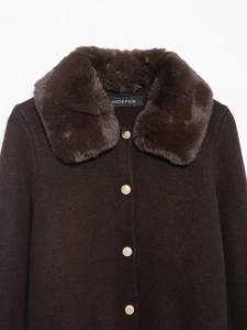 Detailed close-up of dark brown knit cardigan featuring faux fur collar and gold anchor buttons