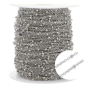 Flat cross bead chain in stainless steel for DIY jewelry making, spool package silver roll