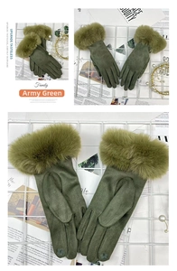 Detail of army green warm gloves with faux fur trim, pearls and floral embroidery