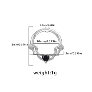 Silver stainless steel heart piercing hoop with black gemstone and size measurement details