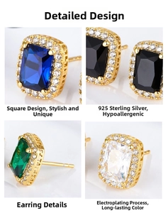 Detail of square halo earrings in S925 sterling silver with colorful zircon stones