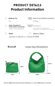 Detailed size guide for green woven tote bag set including dimensions and strap length