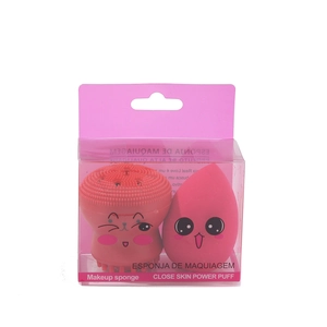 Pink makeup sponge set with cat silicone brush in a clear box on white background