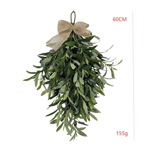 Detail of 60cm artificial olive leaf swag with purple fruit and burlap bow