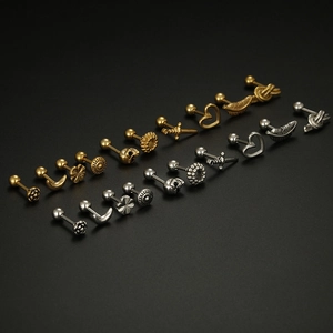 Detailed grid of stainless steel skull and floral stud earrings with screw ball backs