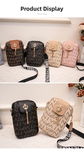 Detail showing various colors of crossbody phone bags with crown fringe and logo patterns