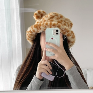 Winter faux fur leopard print bucket hat with cute bear ears decoration for women