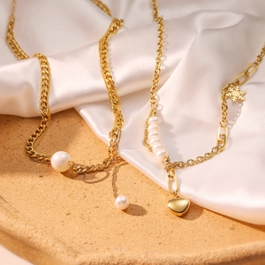 Heart Pendant Necklace For Women Double Layer Titanium Steel Chain With Faux Artificial Pearl Snowflake Charm Gold Plated Jewelry