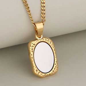 Rectangular Pendant Necklace Stainless Steel Hammered Texture Shell Inlay Mirror Polish Minimalist Jewelry For Women