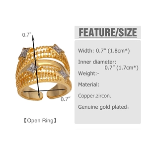 Detail showing two-tone gold plated ring dimensions with zircon and star pattern