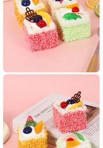Detailed close-up of fake mousse cake slices with realistic fruit toppings and textures