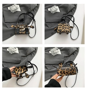 Detail shots of leopard print mini Kelly bag with funny doll limbs from four view angles
