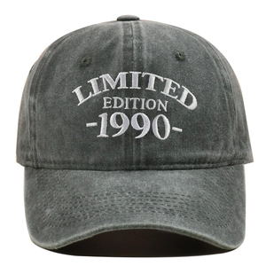 Detail of vintage washed cotton baseball cap with Limited Edition 1990 embroidery