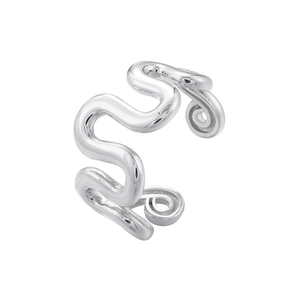Detailed view of silver minimalist wave-shaped open ring with high-polish spiral ends