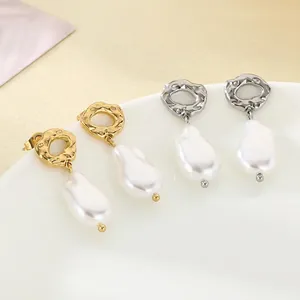 Baroque Style Irregular Artificial Pearl Dangle Earrings Stainless Steel Hammered Metal Texture French Vintage Jewelry For Women